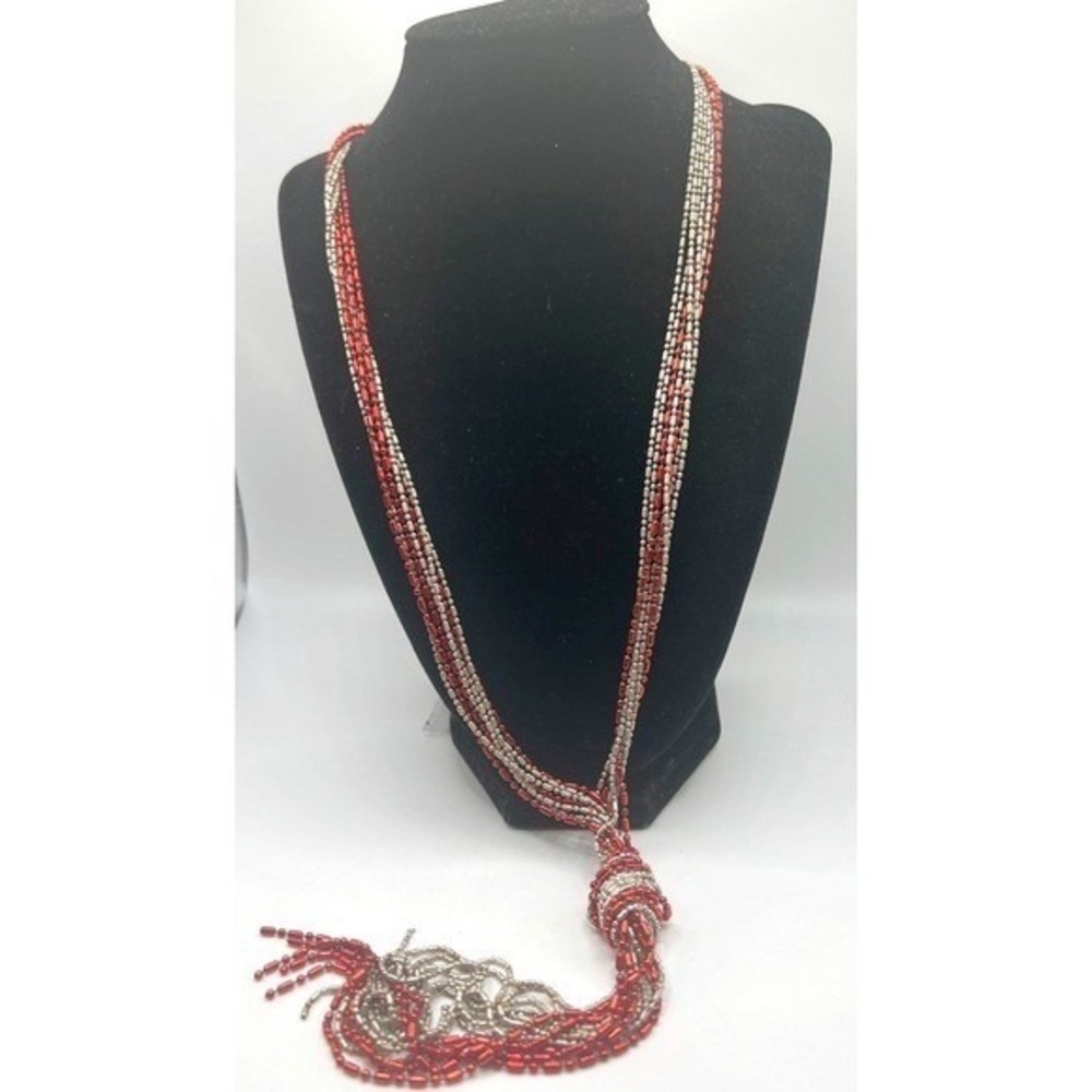 Red Silver Beaded Lariat Necklace 7" Knot Tassel Multi Strand Valentine‎ Day
